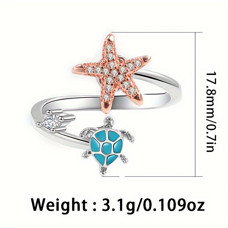 S925 Silver Turtle Star Rotating Ring Synthetic Zirconia Beach Style